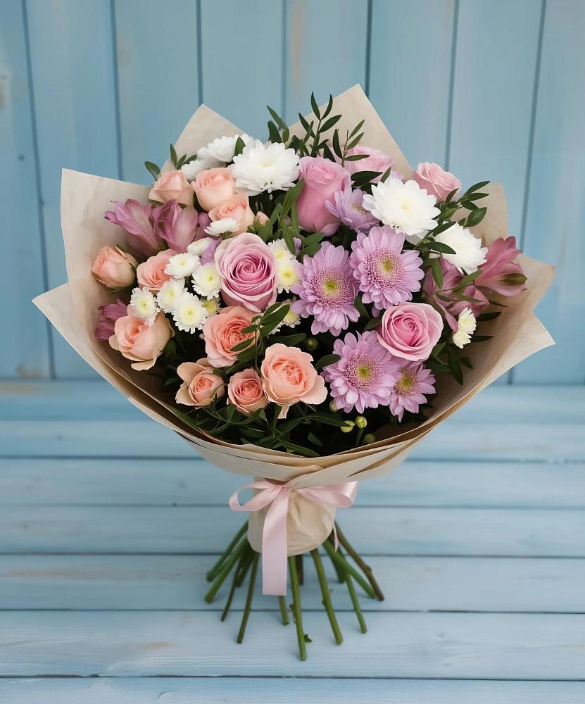 Букет цветов из: Хризантемы, Розы и Альстромерии в Гидроторфе