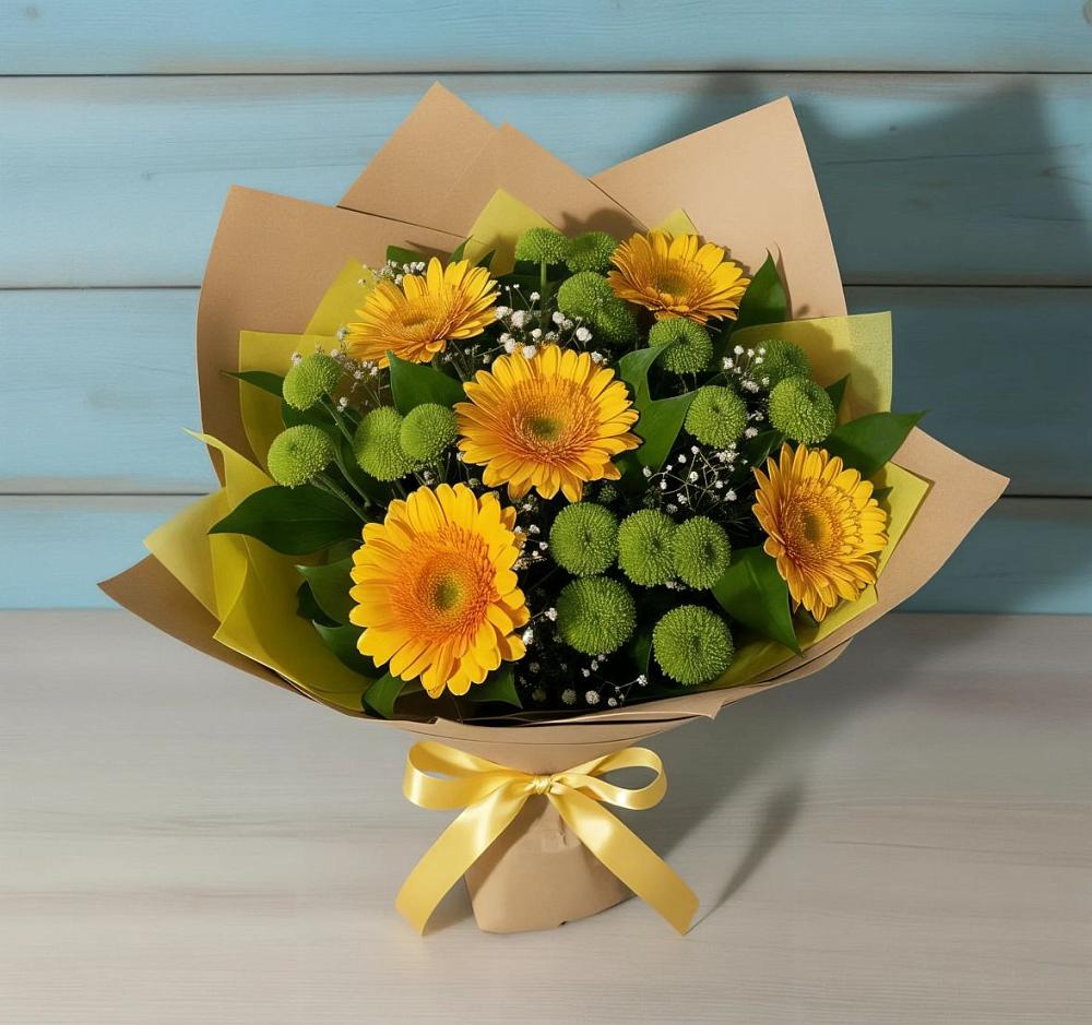 Букет цветов из: Герберы и Хризантемы в Гидроторфе