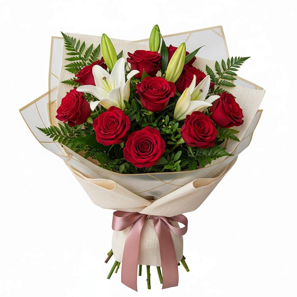 Букет цветов из: Лилии и Розы в Гидроторфе