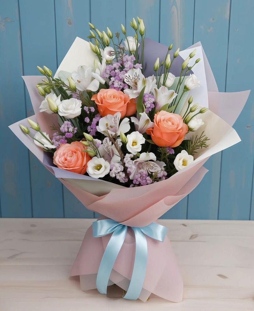 Букет цветов из: Лизиантусы, Розы, Альстромерии и Гипсофила в Гидроторфе