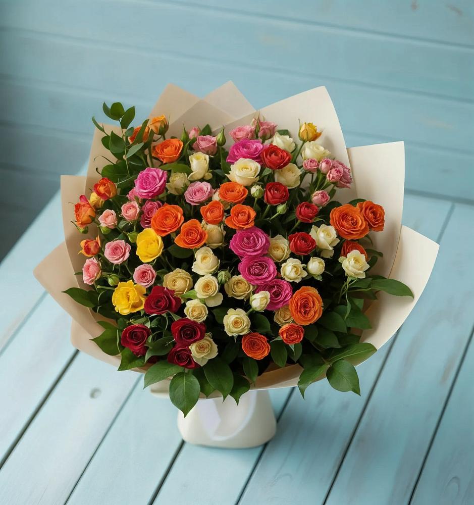 Букет Микс из разноцветных кустовых роз в Гидроторфе