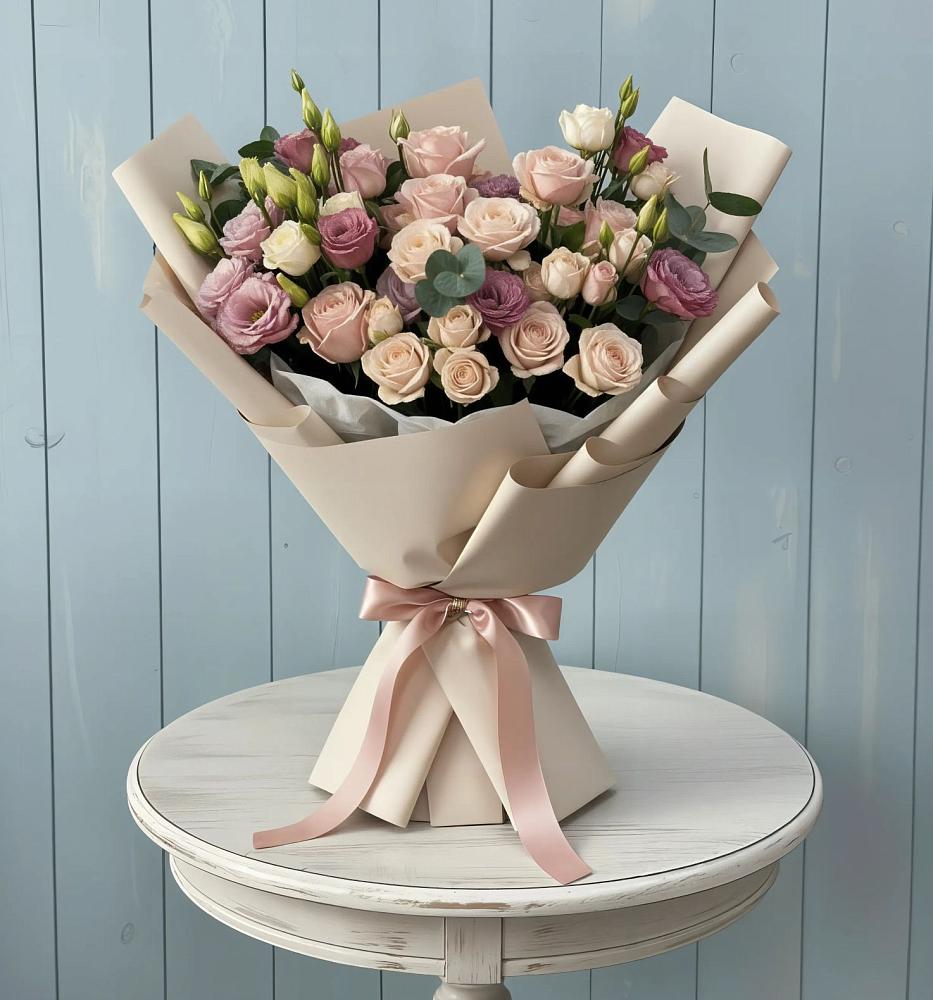 Букет цветов из: Розы и Лизиантусы в Гидроторфе