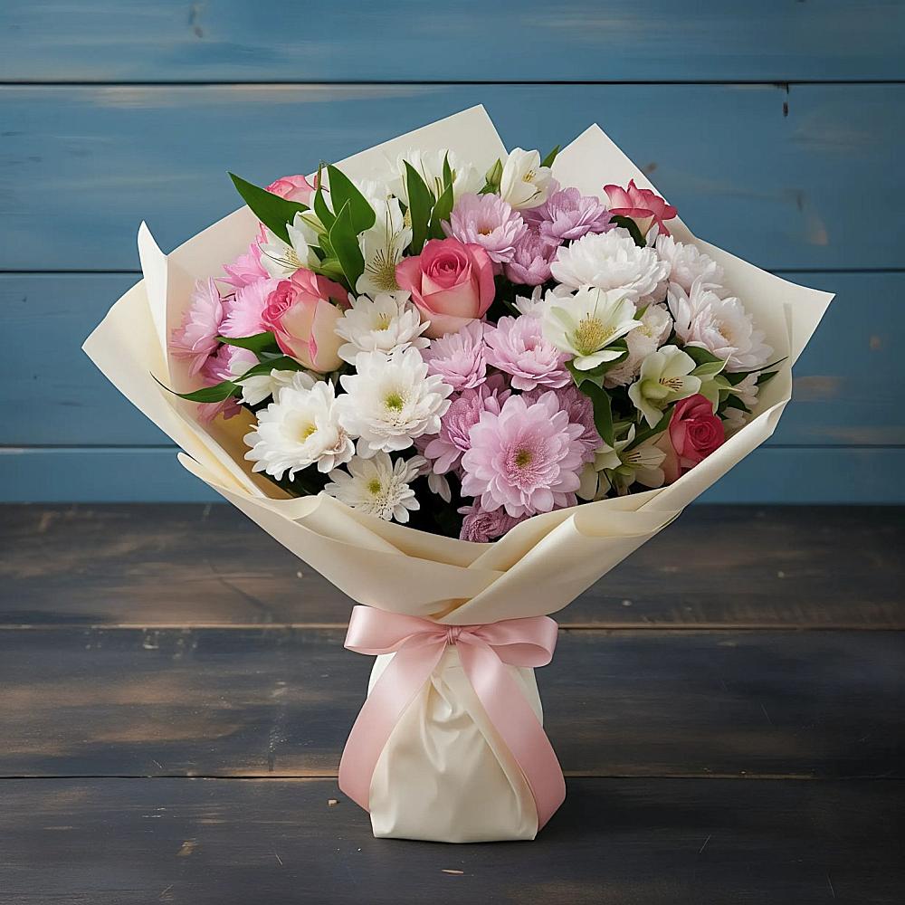 Букет цветов из: Хризантемы, Альстромерии и Розы в Гидроторфе